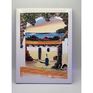 Vintage Hand Painted Mexican Tile Art Courtyard Scene Raised Paint